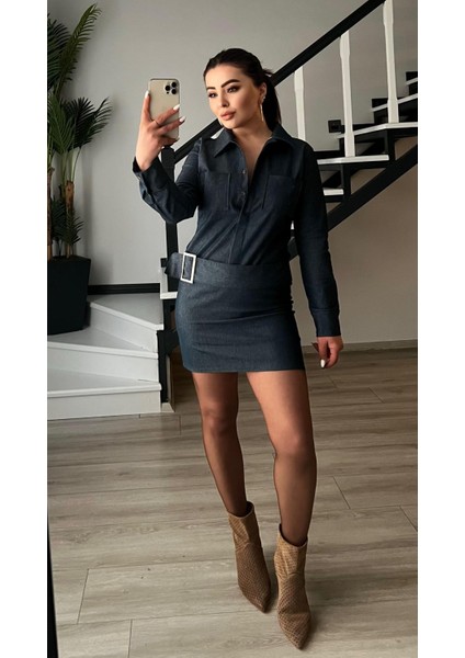 Lacivert Denim Görünümlü Yıkamalı Kemerli Elbise