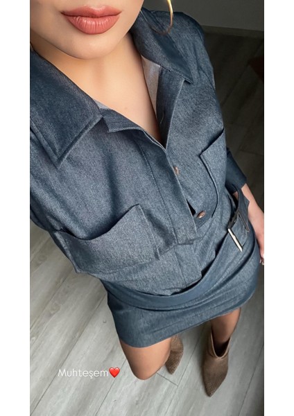 Lacivert Denim Görünümlü Yıkamalı Kemerli Elbise fırsatları