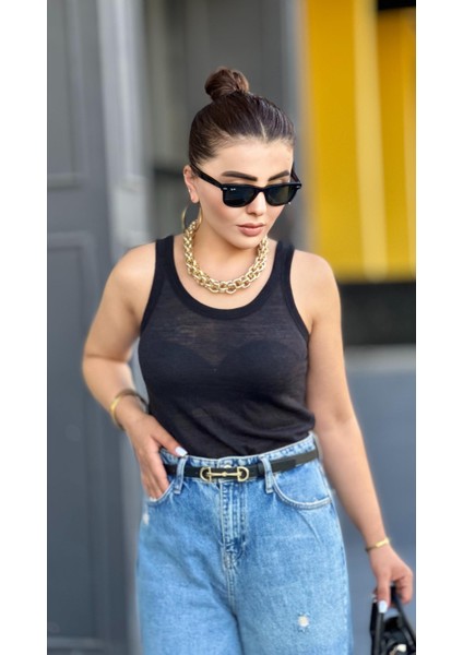 Siyah Transparan Halter Yaka Atlet
