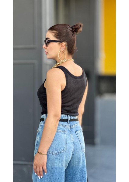 Siyah Transparan Halter Yaka Atlet