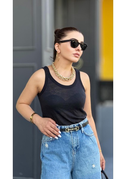 Siyah Transparan Halter Yaka Atlet