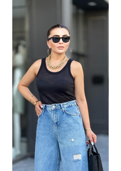Siyah Transparan Halter Yaka Atlet