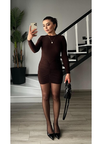 Acı Kahve Drape Detaylı Vatkalı Mini Elbise