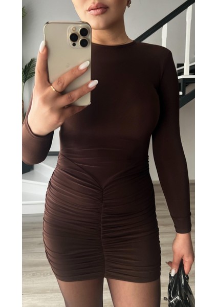 Acı Kahve Drape Detaylı Vatkalı Mini Elbise