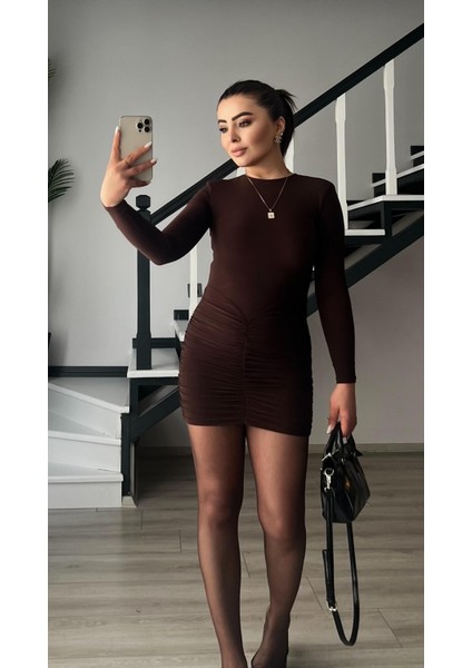Acı Kahve Drape Detaylı Vatkalı Mini Elbise