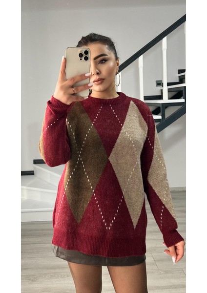Bordo-Kahve-Bej Baklava Desenli Kazak