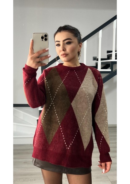 Bordo-Kahve-Bej Baklava Desenli Kazak