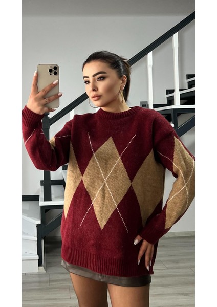 Bordo-Kahve Baklava Desenli Kazak