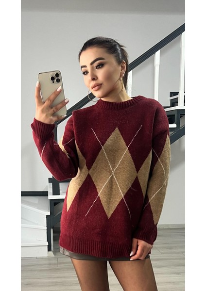 Bordo-Kahve Baklava Desenli Kazak