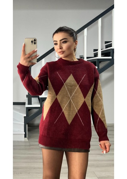 Bordo-Kahve Baklava Desenli Kazak
