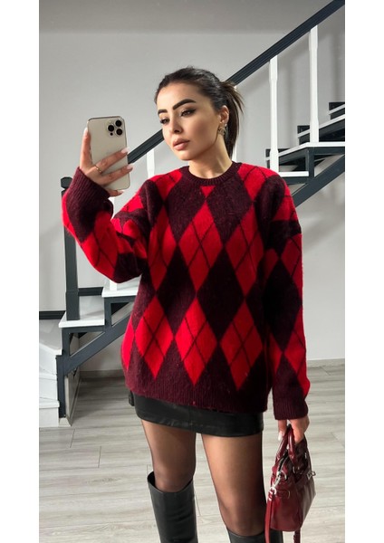 Bordo - Kırmızı Baklava Desen Şardonlu Kazak