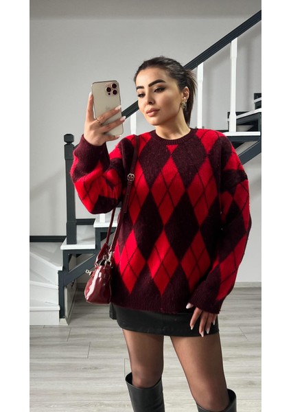 Bordo - Kırmızı Baklava Desen Şardonlu Kazak fiyatları