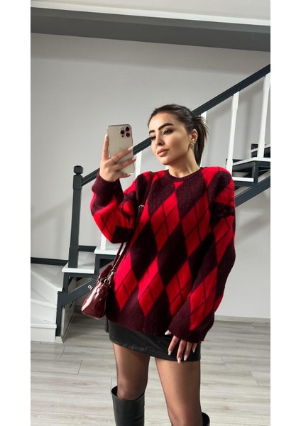 Bordo - Kırmızı Baklava Desen Şardonlu Kazak fırsatları