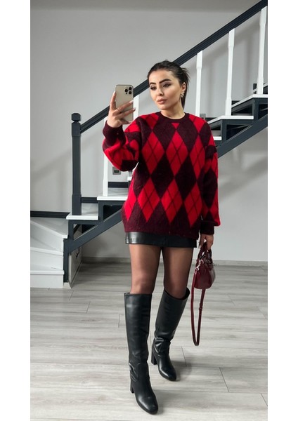 Bordo - Kırmızı Baklava Desen Şardonlu Kazak indirimleri