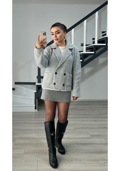 Gri Kruvaze Yaka Cepli Hırka