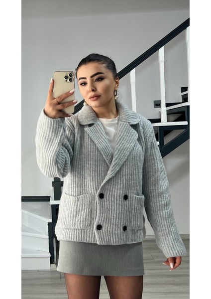 Gri Kruvaze Yaka Cepli Hırka