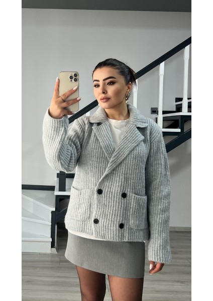 Gri Kruvaze Yaka Cepli Hırka