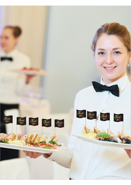 Siyah Gold Model Thank You Yazılı Ikramlık, Sunumluk, Pasta ve Tatlı Üstü, Çay ve Kahve Yanı, Özel Gün, Davet, Etkinlik ve Organizasyonlar Için Ingilizce Teşekkür Ederim Yazılı Bayrak Kürdan