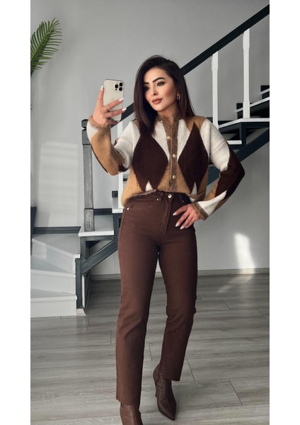 Camel - Krem Baklava Desen Şardonlu Gold Düğme Yumoş Hırka modelleri