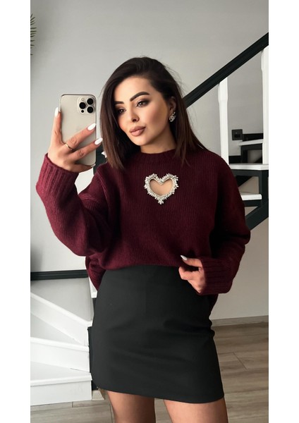 Bordo Kalp Aksesuarlı Kazak