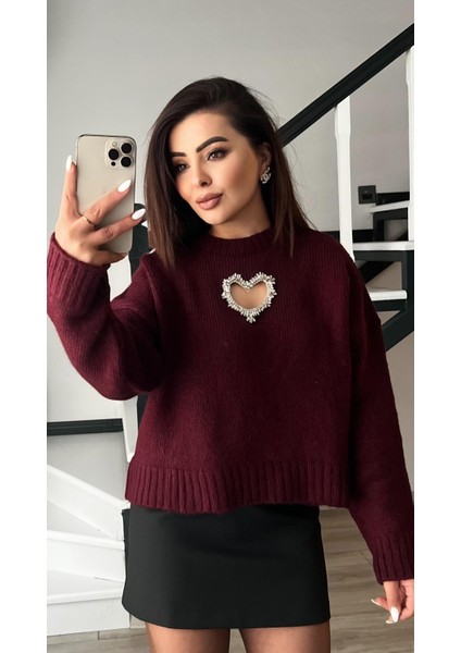 Bordo Kalp Aksesuarlı Kazak