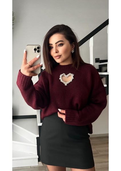 Bordo Kalp Aksesuarlı Kazak
