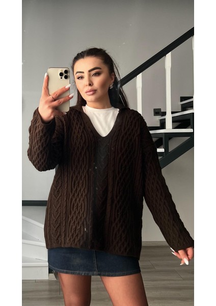 Acı Kahve Yakalı Saç Örgü Kazak