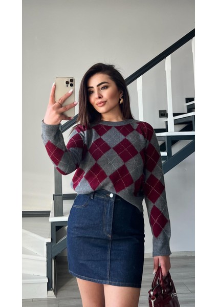 Bordo - Gri Baklava Desen Kazak