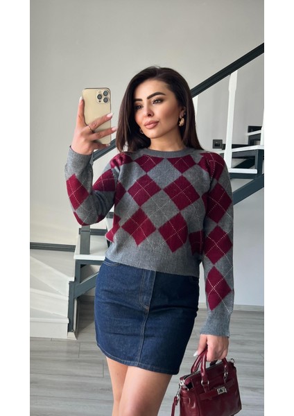 Bordo - Gri Baklava Desen Kazak fiyatları