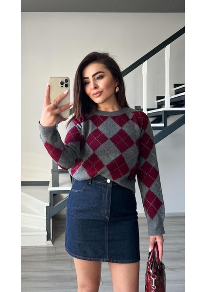 Bordo - Gri Baklava Desen Kazak modelleri