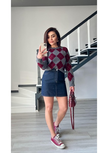 Bordo - Gri Baklava Desen Kazak fırsatları