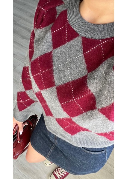 Bordo - Gri Baklava Desen Kazak indirimleri