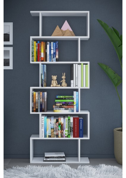 6 Raflı Tek Modül Zigzag Kitaplık Çalışma Odası Ofis Kitaplık