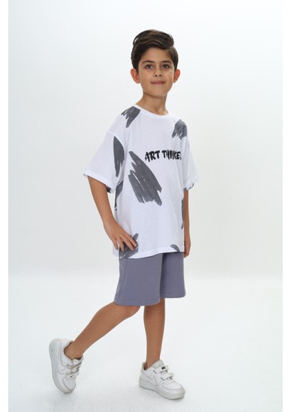 Erkek Çocuk Fırça Desenli Yazı Baskılı Şortlu Takım fiyatları
