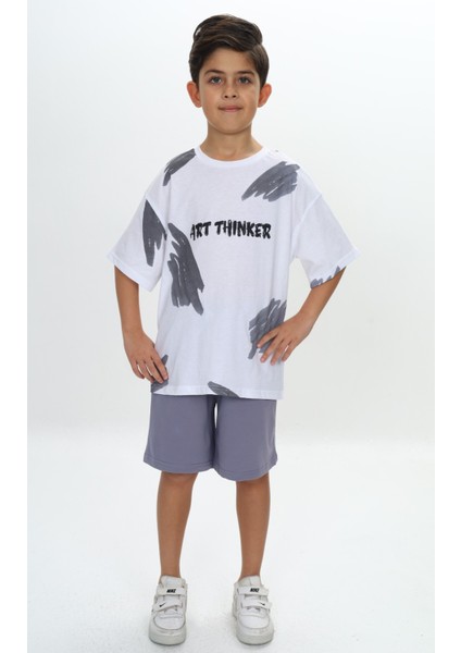 Erkek Çocuk Fırça Desenli Yazı Baskılı Şortlu Takım modelleri