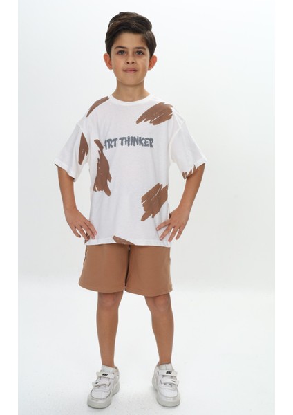 Erkek Çocuk Fırça Desenli Yazı Baskılı Şortlu Takım