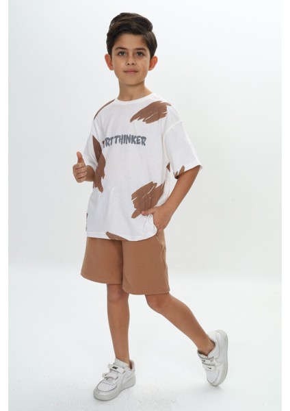 Erkek Çocuk Fırça Desenli Yazı Baskılı Şortlu Takım fiyatları