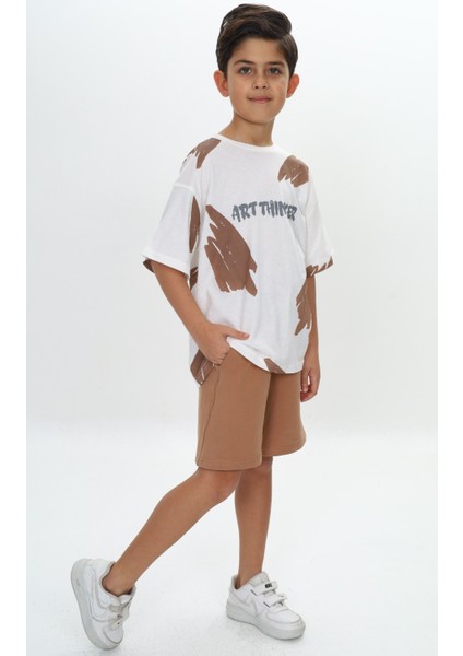 Erkek Çocuk Fırça Desenli Yazı Baskılı Şortlu Takım fırsatları