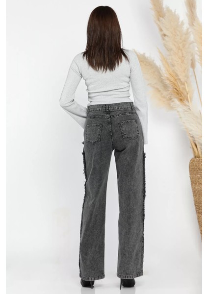Püsküllü Tarz Kadın Bol Paça Jean Kot Pantolon