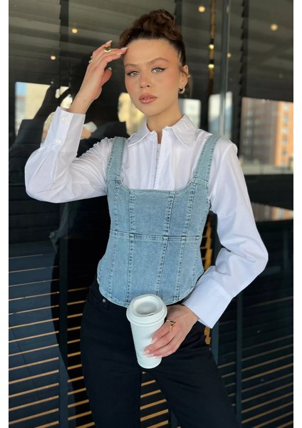 Kadın Fermuarlı Jean Kot Büstiyer