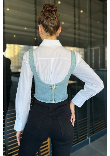 Kadın Fermuarlı Jean Kot Büstiyer
