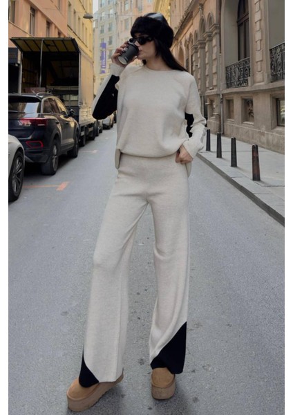 Kol ve Paçada Şerit Tasarım Oversize Beden Kazak Pantalon Ikili Triko Takım 034 modelleri