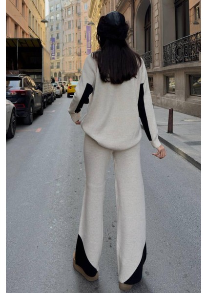 Kol ve Paçada Şerit Tasarım Oversize Beden Kazak Pantalon Ikili Triko Takım 034 fırsatları