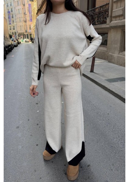 Kol ve Paçada Şerit Tasarım Oversize Beden Kazak Pantalon Ikili Triko Takım 034 indirimleri