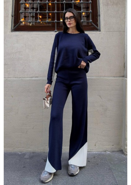 Kol ve Paçada Şerit Tasarım Oversize Beden Kazak Pantalon Ikili Triko Takım 034 fırsatları