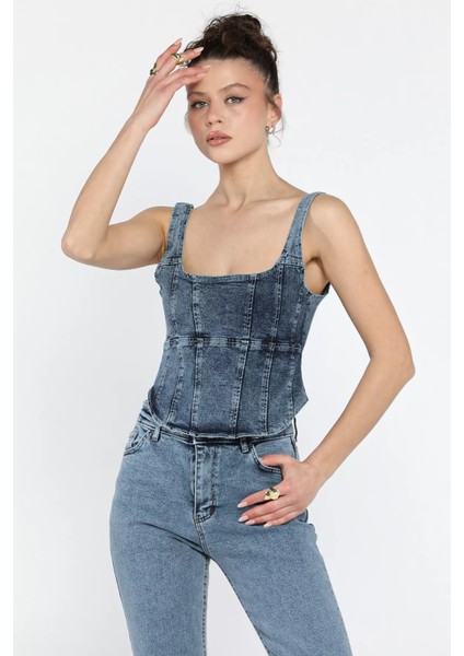 Kadın Fermuarlı Jean Kot Büstiyer