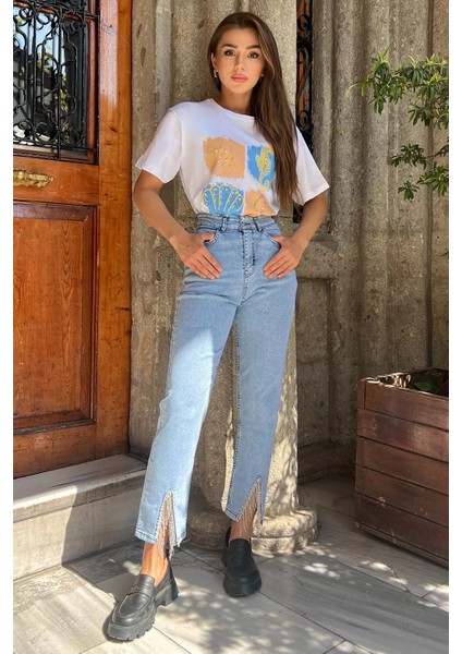 Paça Yırtmaçlı Likralı Kadın Jean Kot Pantolon