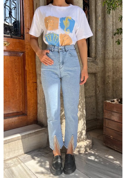 Paça Yırtmaçlı Likralı Kadın Jean Kot Pantolon