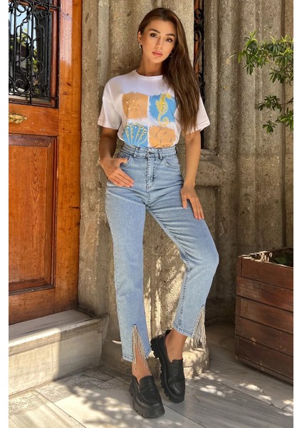 Paça Yırtmaçlı Likralı Kadın Jean Kot Pantolon