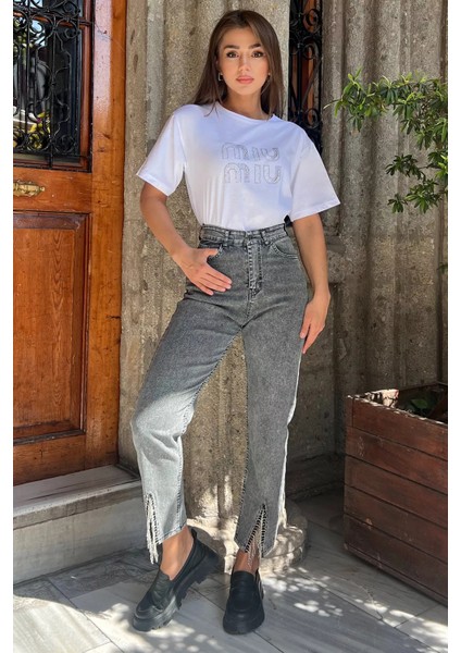 Paça Yırtmaçlı Likralı Kadın Jean Kot Pantolon